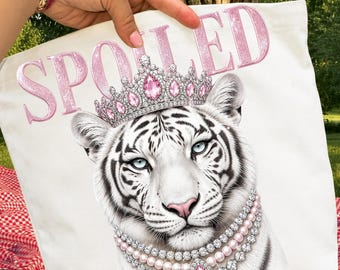 Spoiled White Tiger PNG Digital Download, Queen Tiger Crown Sublimation, Pink Glitter DTF Print, Sassy Tiger Shirt Graphic Digital File