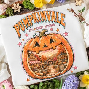 Könnte beinhalten: Ein weißes Sweatshirt mit einer großen orangefarbenen Kürbisgrafik und dem Text PUMPKINVALE EST. EVERY OCTOBER. Der Kürbis zeigt eine detaillierte Herbstszene mit einem Geschäft, einer überdachten Brücke und einem Pavillon, umgeben von kleinen Sternen.