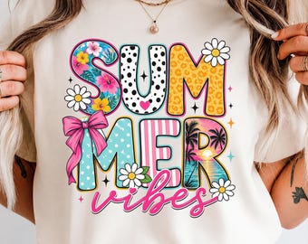 Summer Vibes PNG Sublimation Design, Coquette Bow Beach Shirt PNG, Tropical Daisy Leopard Print Digital Download for Shirts