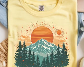 Groovy Mountain PNG Digital Download, Retro Sunset Forest Shirt Design, Pine Trees Sublimation, Boho Nature DTF Print, Comfort Colors