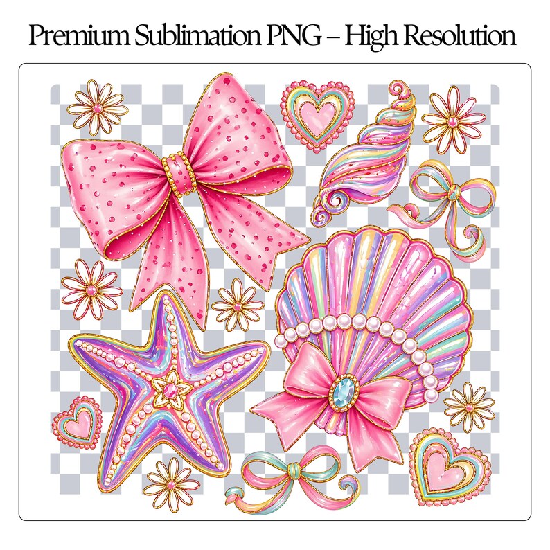Coquette Beach Sublimation PNG, Pink Bow Seashell Starfish Mermaid Core ...