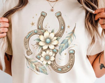 Western Horseshoe Sublimation PNG, Turquoise Floral Boho Cowgirl Shirt Design, Feather Country Tee, Digital Download for Sublimation