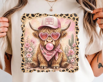 Highland Cow PNG Digital Download, Good Vibes Leopard Sublimation Design, Pink Western DTF Print, Cute Cowgirl Heifer Shirt Graphic File