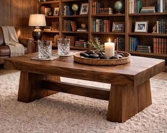 Solid Wood Coffee Table – Handmade Rustic Low Center Table, Modern Minimalist Living Room Furniture