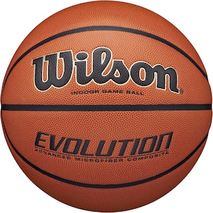 May include: A brown Wilson Evolution basketball with black lettering. The ball has the Wilson logo and the word "EVOLUTION" printed on it. The text "INDOOR GAME BALL" and "ADVANCED MICROFIBER COMPOSITE" are also visible.