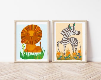 Lion and Zebra Print Set / Lion and Zebra Nursery Art / Art Print Set