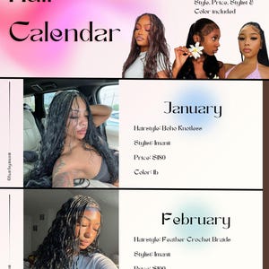Könnte beinhalten: Ein Haarkalender mit einem rosa-lila Farbverlauf im Hintergrund. Der Kalender zeigt Bilder von Frisuren, darunter Boho Knotless und Feather Crochet Braids. Der Text enthält "Hair Calendar" und "2026".
