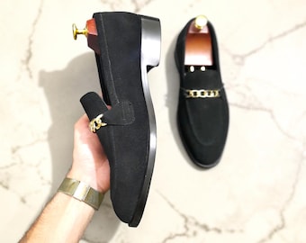 Black Suede Loafers Men – Gold Chain Slip On Dress Shoes (Handcrafted Leather)