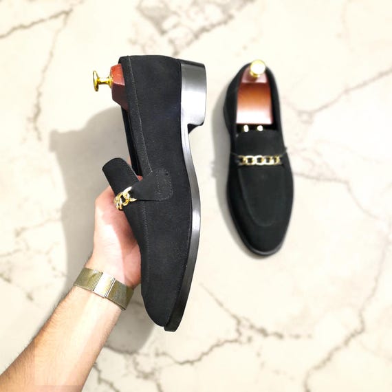 Black Suede Loafers Men – Gold Chain Slip On Dress Shoes (Handcrafted Leather)