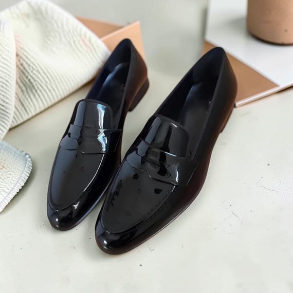 Christian Louboutin Men's Black Patent Leather Loafers, Red Bottom Slip On Dress Shoes, Handcrafted Tuxedo Luxury Loafers