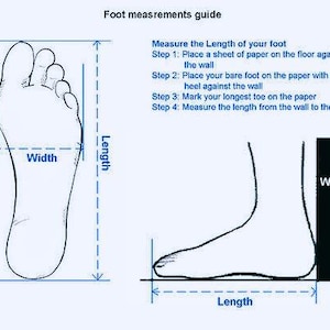 K&ouml;nnte beinhalten: Eine Fu&szlig;messanleitung mit einer Draufsicht auf einen Fu&szlig; mit Breiten- und L&auml;ngenangaben sowie einer Seitenansicht eines Fu&szlig;es an einer Wand. Der Text enth&auml;lt Foot measurements guide und vier Schritte zur Messung der Fu&szlig;l&auml;nge.