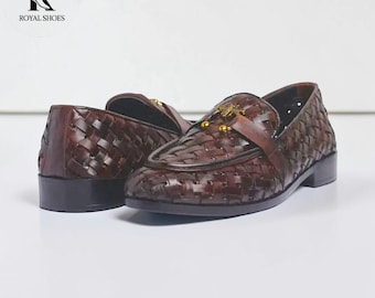 Handmade Brown Leather Loafers – Braided Italian Style Dress Shoes For  Wedding