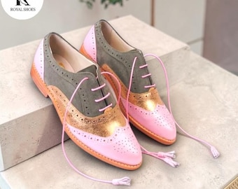 Women Handmade Pink Gray Gold Leather Oxford Shoes | Vintage Style Lace Up Dress Footwear