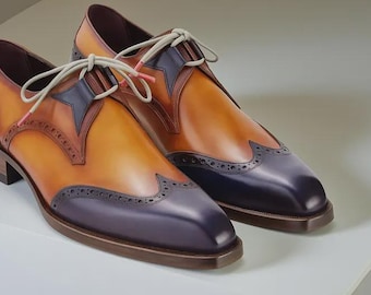 handmade Paul Parkman Mens Shoes Derby Blue Camel Norwegianh Wingtip