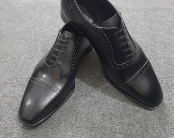 Handgefertigte Herren Schwarz Leder Oxford Brogue Schuhe Flügelspitze Formelle Schuhe