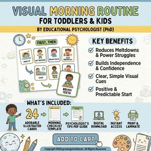 Puede incluir: Una rutina visual matutina para niños pequeños y niños, con tarjetas ilustradas y una plantilla de lista de verificación. Incluye una guía en PDF con consejos de psicólogo y descarga digital. Reduce los berrinches y fomenta la independencia.