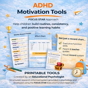 Tabella comportamentale per bambini con ADHD (stampabile) / Sistema di ricompense e strumenti per le funzioni esecutive / Tabelle di motivazione e routine / Età 7-9 anni