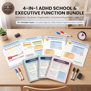 May include: A 4-in-1 ADHD school and executive function bundle featuring printable tools, including a weekly reward tracker, weekly planner, morning routine chart, and frustration reset plan, alongside spiral-bound parent implementation guides.