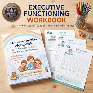 May include: An executive functioning workbook for kids with a cover featuring a rainbow, clouds, and three children. The workbook includes printable worksheets for letters A, F, and S, focusing on attention, focus, and self-control skills.
