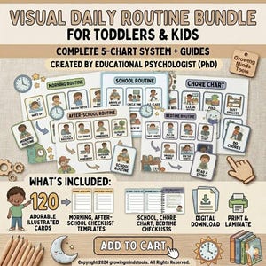 Puede incluir: Paquete de rutina diaria visual para niños pequeños y niños. Incluye 120 adorables tarjetas ilustradas, plantillas de listas de verificación y descargas digitales. Rutinas de la mañana, escuela, después de la escuela, tareas y hora de acostarse.