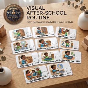 Puede incluir: Un conjunto de diez tarjetas rectangulares tituladas Visual After-School Routine, con ilustraciones de un niño realizando tareas diarias como llegar a casa, colgar el abrigo, vaciar la lonchera, hidratarse, descansar, jugar, hacer la tarea y ayudar con la cena.