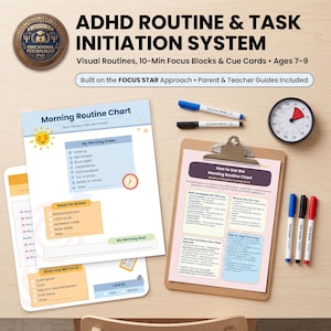 May include: An ADHD Routine & Task Initiation System set including a Morning Routine Chart, a How to Use guide on a clipboard, two dry erase markers, a red and white analog timer, and three additional colored dry erase markers for ages 7-9.