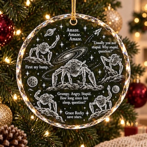 May include: A circular clear glass ornament featuring white line art of five spider-like creatures on rocky terrain, a galaxy, a planet, and a rocket. Text includes: Amaze. Amaze. Amaze. Usually you not stupid. Why stupid, question? First my bump. Grumpy. Angry. Stupid. How long since last sleep, question? Grace Rocky save stars.