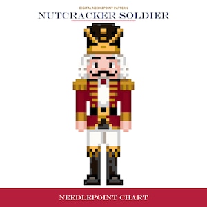 May include: A digital needlepoint pattern featuring a pixel art nutcracker soldier. The soldier wears a red jacket with gold trim, a black hat, and white trousers. The text reads DIGITAL NEEDLEPOINT PATTERN, NUTCRACKER SOLDIER, and NEEDLEPOINT CHART.