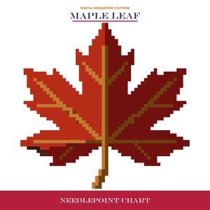 Puede incluir: Un patrón digital de punto de aguja con una hoja de arce pixelada en tonos rojo oscuro y marrón. El texto en la parte superior dice DIGITAL NEEDLEPOINT PATTERN MAPLE LEAF, y el texto en la parte inferior dice NEEDLEPOINT CHART. El diseño es simétrico.