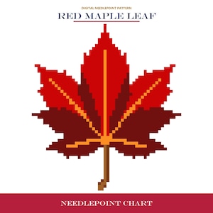 Puede incluir: Un patrón digital de punto de aguja con una hoja de arce roja pixelada con venas naranjas y un tallo marrón. El texto en la parte superior dice DIGITAL NEEDLEPOINT PATTERN RED MAPLE LEAF y el texto inferior dice NEEDLEPOINT CHART.