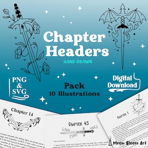 Fantasy Sword Chapter Headers, Book Dividers PNG SVG, Hand Drawn Fantasy Clipart