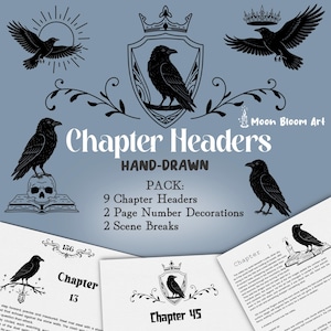 May include: A digital collection of hand-drawn raven illustrations featuring chapter headers, page number decorations, and scene breaks. The graphics include black ravens, crowns, shields, skulls, and books on a blue background with the text Moon Bloom Art.