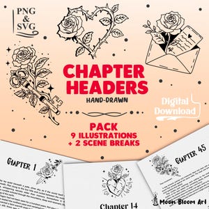 Dark Romance Rose Chapter Headers, Gothic Book Illustrations, Fantasy Book Decor, PNG SVG