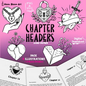 May include: A digital collection of hand-drawn black and white illustrations featuring heart motifs, including a chained heart, a heart-shaped lock with a key, a heart pierced by a sword, a stitched heart with flowers, and a heart-shaped envelope.