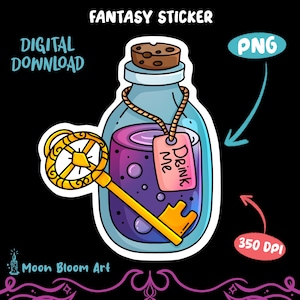 Peut inclure: Autocollant fantastique représentant une bouteille de potion avec un bouchon en liège, remplie de liquide violet et de bulles. Une clé dorée et une étiquette avec l'inscription "Drink Me" sont attachées. Les mots "Fantasy Sticker" et "Digital Download" sont également présents.