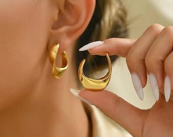 Gold Crescent Hoop Earrings – Sculptural Swirl Statement Jewelry, Modern Minimal Earrings