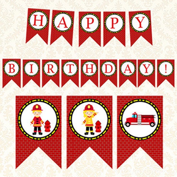 Printable Fireman Happy Birthday Banner Fire Truck Party Etsy