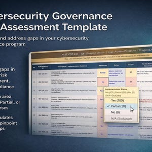 Może przedstawiać: Szablon arkusza kalkulacyjnego do oceny luk w zarządzaniu cyberbezpieczeństwem z kolumnami dla podkategorii, opisu, odpowiedzi, notatek, wyniku i dowodów. Menu rozwijane pokazuje opcje statusu wdrożenia: Yes, Partial, No oraz N/A.