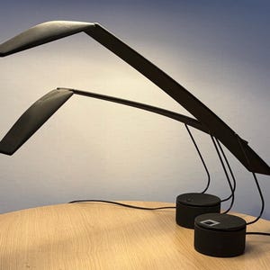 May include: A dual-arm black desk lamp featuring two thin, adjustable light bars connected to separate cylindrical black bases. Each arm extends from a base, with one positioned higher than the other, emitting a soft white light.