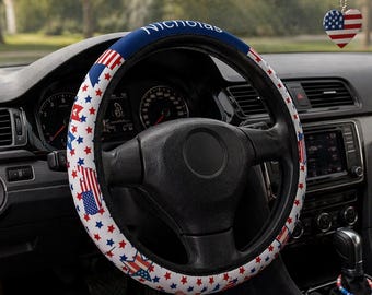 Funda personalizada para volante de coche con diseño patriótico estadounidense / Nombre personalizado / Bandera de EE. UU. con estrellas rojas, blancas y azules / Regalo para papá