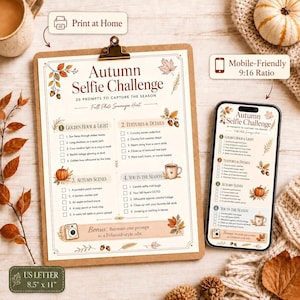 Può includere: Una lista di controllo Autumn Selfie Challenge su una cartellina e uno schermo di smartphone. Il documento presenta 20 suggerimenti fotografici suddivisi in quattro sezioni con illustrazioni autunnali di foglie, ghiande e una tazza, di 21,6 per 27,9 cm.