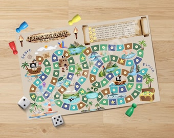 Treasure Hunt afdrukbaar bordspel Placemat Piratenthema | Thuisonderwijs Binnenpret Leren | Directe digitale download | Bonusafdruk in zwart-wit