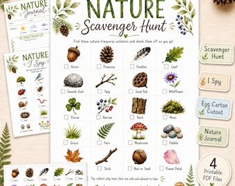 Nature Scavenger Hunt Printable Bundle | Kids Outdoor Walk Hiking Activity | I Spy, Nature Journal, Egg Carton Game (Instant Download PDF)