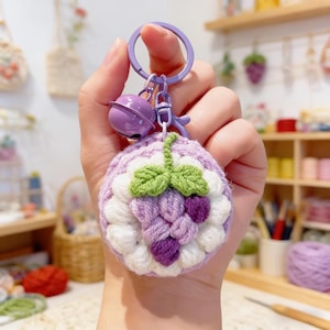 Handmade Crochet Grape Cluster Keychain, Amigurumi Fruit Bag Charm with Bell, Cute Kawaii Gift for Grape Lover