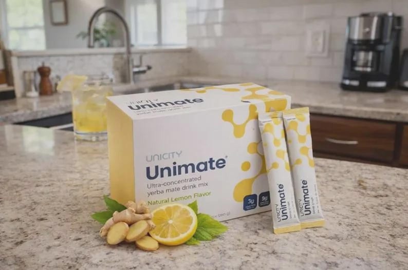 Pu&ograve; includere: Una scatola e bustine di Unicity Unimate yerba mate drink mix al gusto limone naturale. La scatola &egrave; bianca con dettagli gialli, le bustine sono gialle e bianche. Zenzero a fette e met&agrave; limone sono accanto.
