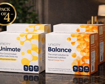 Confezione da 4 flaconi di yerba mate Unicity Balance e Unimate ai gusti arancia e limone.
