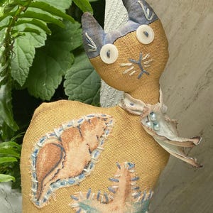 Beach Cat - Primitive Doll - small shelf sitter, table topper kitten
