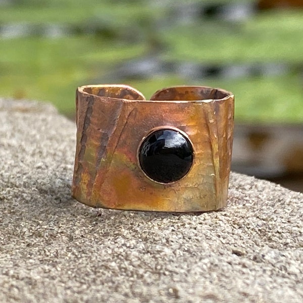 Small Adjustable Copper Ring with Onyx - Fold Formed Wide Band
