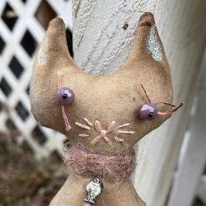 Primitive Cat Doll - Lilac - small shelf sitter, table topper kitten