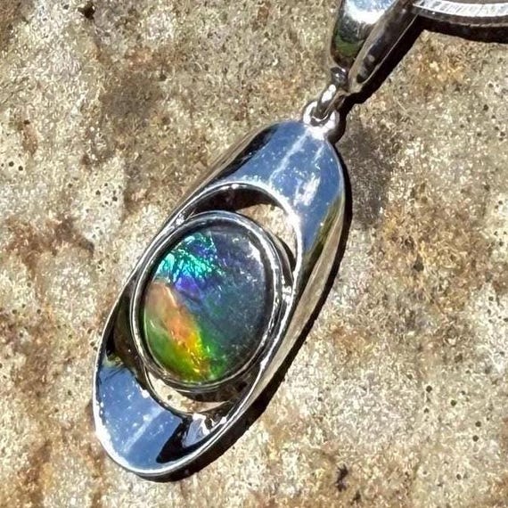 Aurora Ammolite Fossil Triplet Pendant Necklace - Sterling Silver